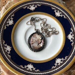 Antique Mother-of-Pearl Cameo Pendant Sterling Silver Necklace